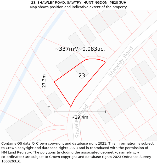 23, SHAWLEY ROAD, SAWTRY, HUNTINGDON, PE28 5UH: Plot and title map