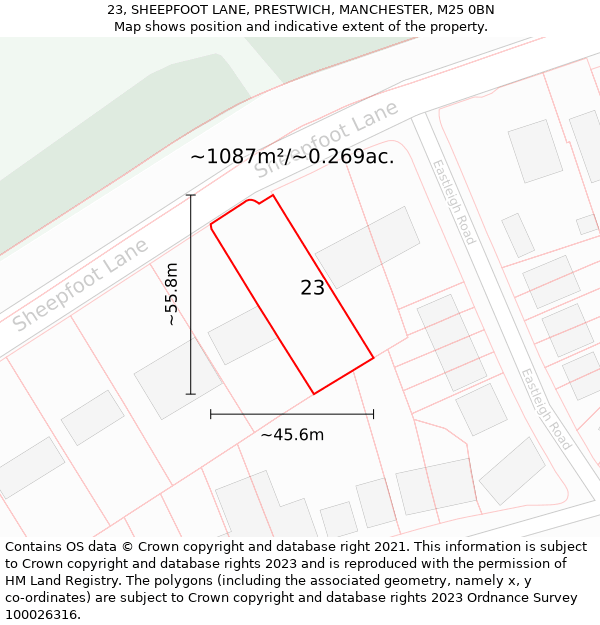 23, SHEEPFOOT LANE, PRESTWICH, MANCHESTER, M25 0BN: Plot and title map