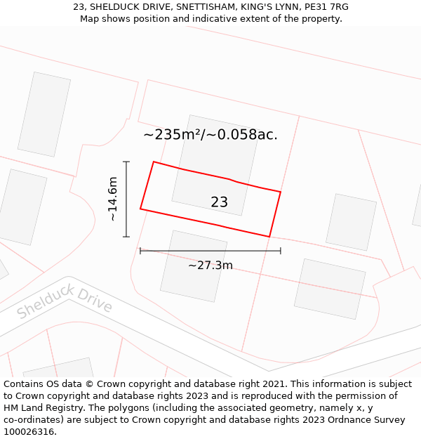 23, SHELDUCK DRIVE, SNETTISHAM, KING'S LYNN, PE31 7RG: Plot and title map