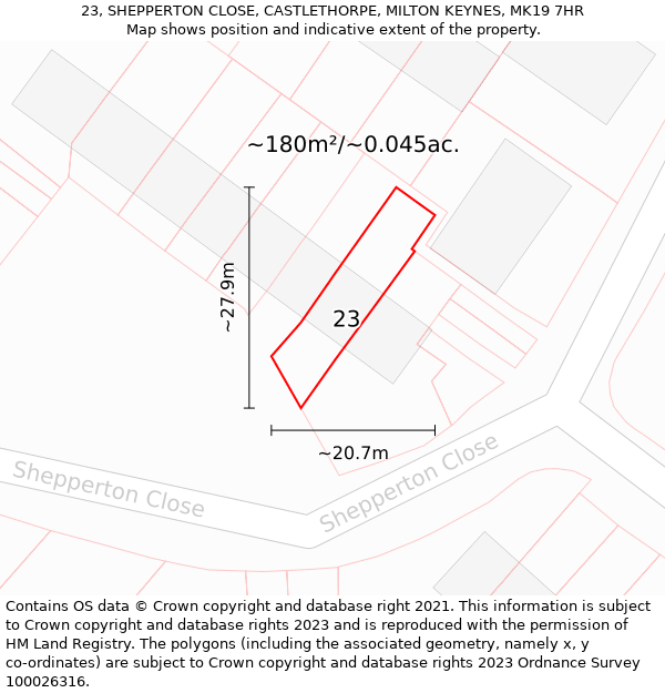 23, SHEPPERTON CLOSE, CASTLETHORPE, MILTON KEYNES, MK19 7HR: Plot and title map