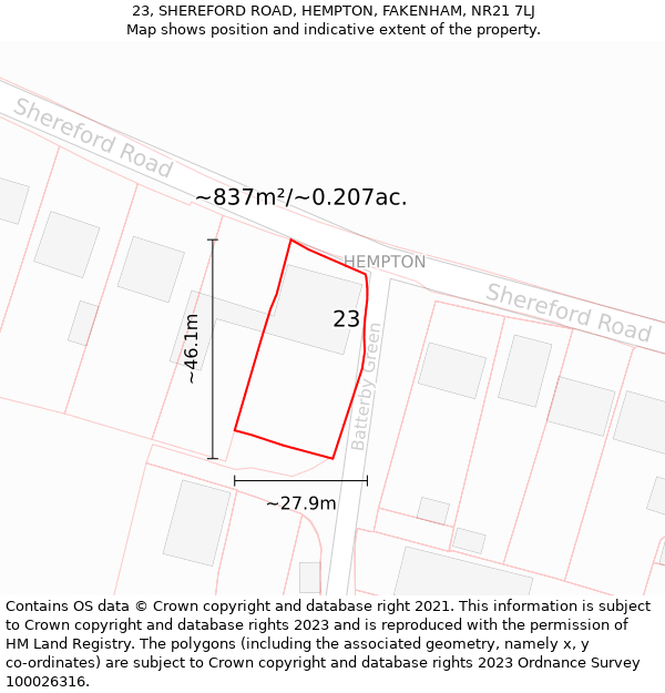 23, SHEREFORD ROAD, HEMPTON, FAKENHAM, NR21 7LJ: Plot and title map