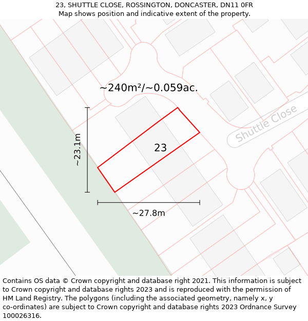 23, SHUTTLE CLOSE, ROSSINGTON, DONCASTER, DN11 0FR: Plot and title map