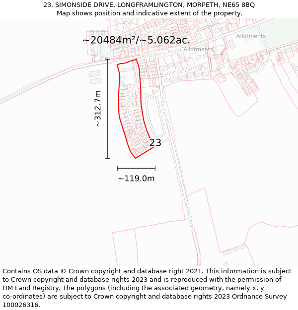 23, SIMONSIDE DRIVE, LONGFRAMLINGTON, MORPETH, NE65 8BQ: Plot and title map