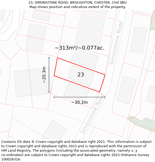 23, SIMONSTONE ROAD, BROUGHTON, CHESTER, CH4 0BU: Plot and title map