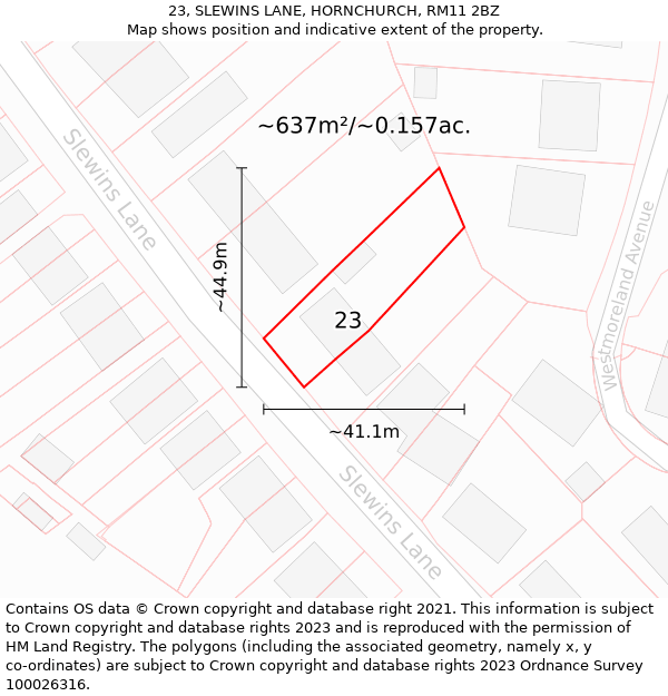 23, SLEWINS LANE, HORNCHURCH, RM11 2BZ: Plot and title map