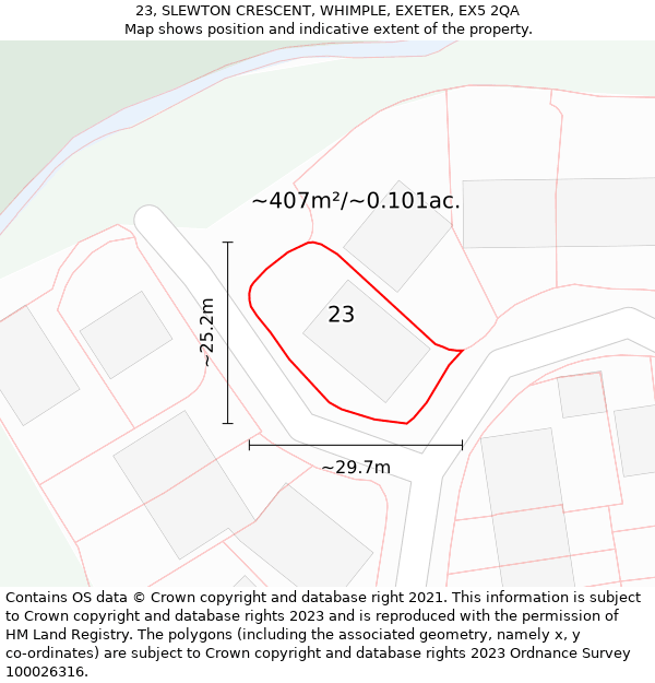 23, SLEWTON CRESCENT, WHIMPLE, EXETER, EX5 2QA: Plot and title map