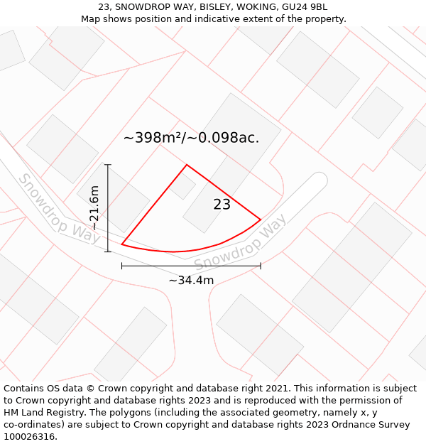 23, SNOWDROP WAY, BISLEY, WOKING, GU24 9BL: Plot and title map