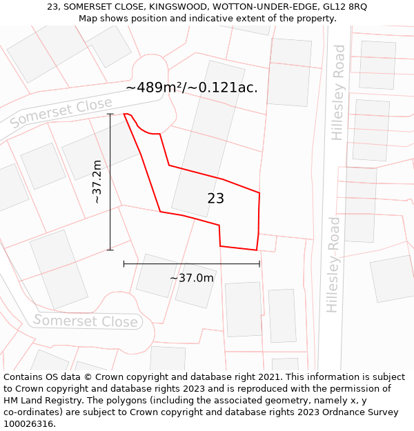 23, SOMERSET CLOSE, KINGSWOOD, WOTTON-UNDER-EDGE, GL12 8RQ: Plot and title map