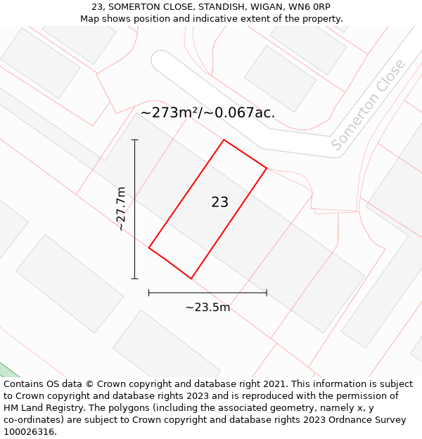 23, SOMERTON CLOSE, STANDISH, WIGAN, WN6 0RP: Plot and title map