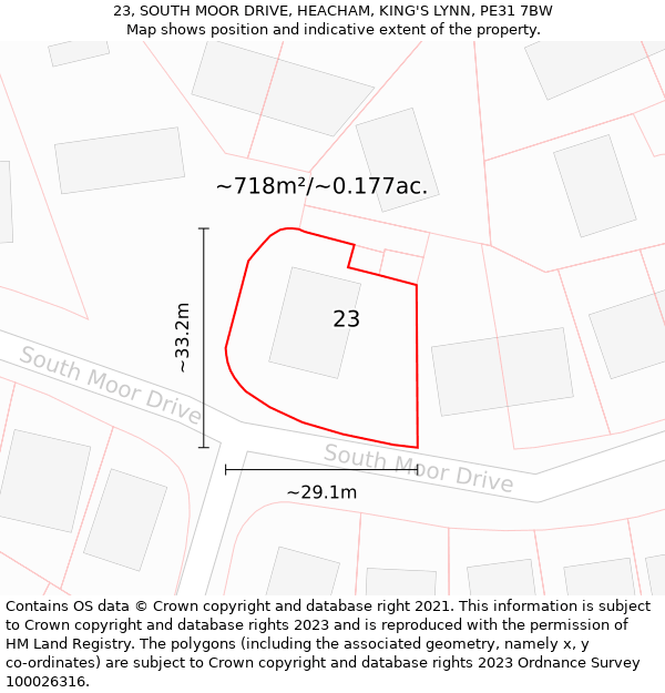 23, SOUTH MOOR DRIVE, HEACHAM, KING'S LYNN, PE31 7BW: Plot and title map