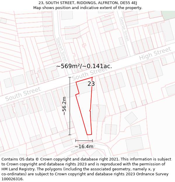 23, SOUTH STREET, RIDDINGS, ALFRETON, DE55 4EJ: Plot and title map