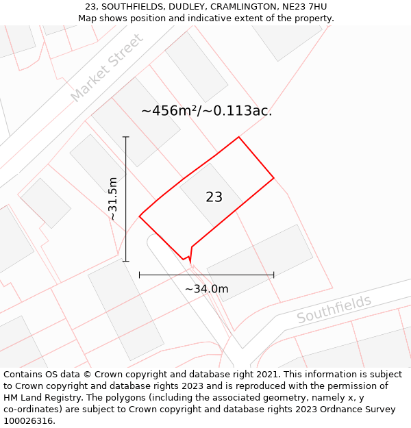 23, SOUTHFIELDS, DUDLEY, CRAMLINGTON, NE23 7HU: Plot and title map