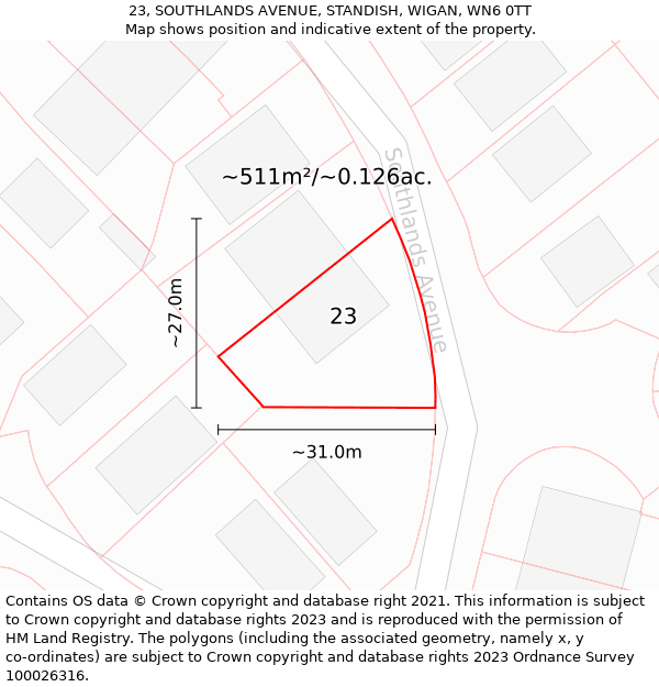 23, SOUTHLANDS AVENUE, STANDISH, WIGAN, WN6 0TT: Plot and title map