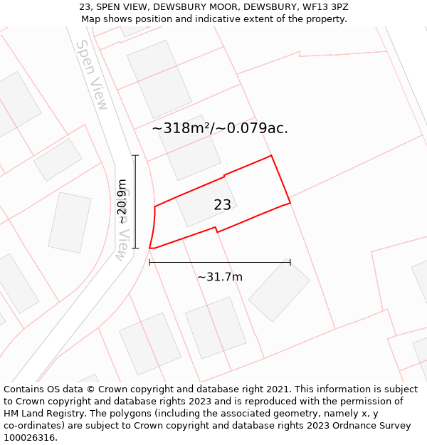 23, SPEN VIEW, DEWSBURY MOOR, DEWSBURY, WF13 3PZ: Plot and title map