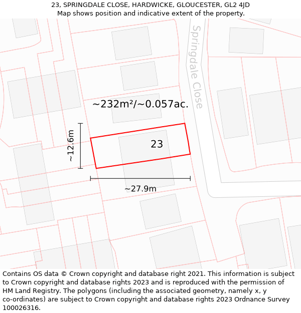 23, SPRINGDALE CLOSE, HARDWICKE, GLOUCESTER, GL2 4JD: Plot and title map