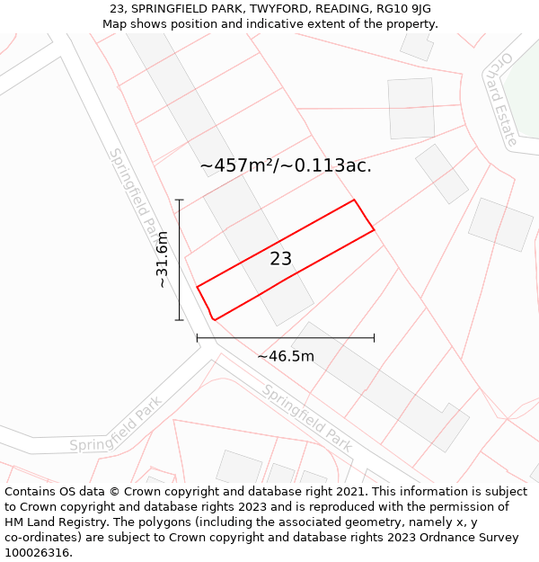 23, SPRINGFIELD PARK, TWYFORD, READING, RG10 9JG: Plot and title map