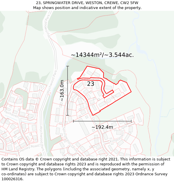 23, SPRINGWATER DRIVE, WESTON, CREWE, CW2 5FW: Plot and title map