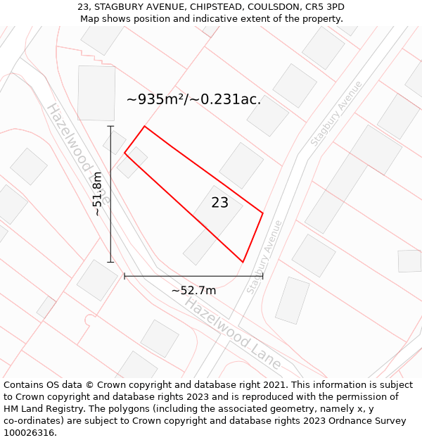 23, STAGBURY AVENUE, CHIPSTEAD, COULSDON, CR5 3PD: Plot and title map