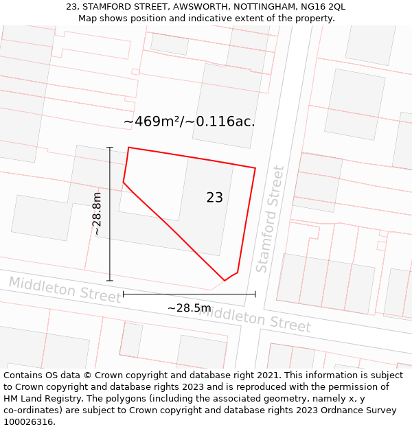 23, STAMFORD STREET, AWSWORTH, NOTTINGHAM, NG16 2QL: Plot and title map