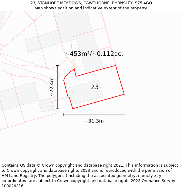 23, STANHOPE MEADOWS, CAWTHORNE, BARNSLEY, S75 4GQ: Plot and title map