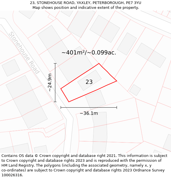 23, STONEHOUSE ROAD, YAXLEY, PETERBOROUGH, PE7 3YU: Plot and title map