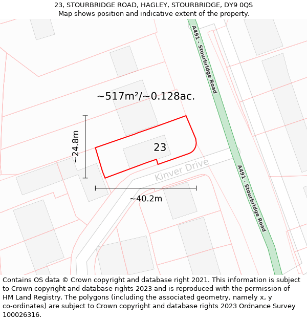 23, STOURBRIDGE ROAD, HAGLEY, STOURBRIDGE, DY9 0QS: Plot and title map