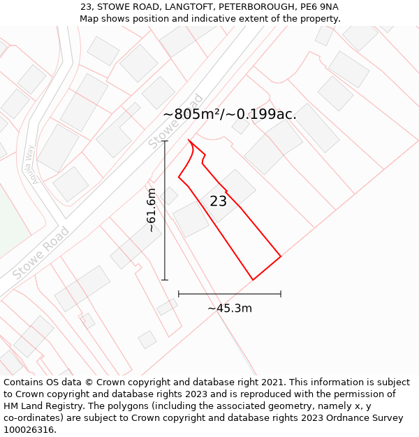 23, STOWE ROAD, LANGTOFT, PETERBOROUGH, PE6 9NA: Plot and title map