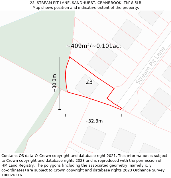 23, STREAM PIT LANE, SANDHURST, CRANBROOK, TN18 5LB: Plot and title map