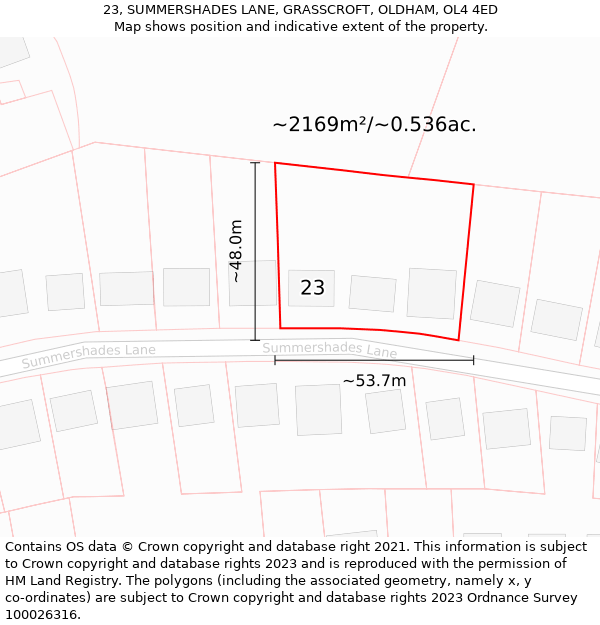 23, SUMMERSHADES LANE, GRASSCROFT, OLDHAM, OL4 4ED: Plot and title map