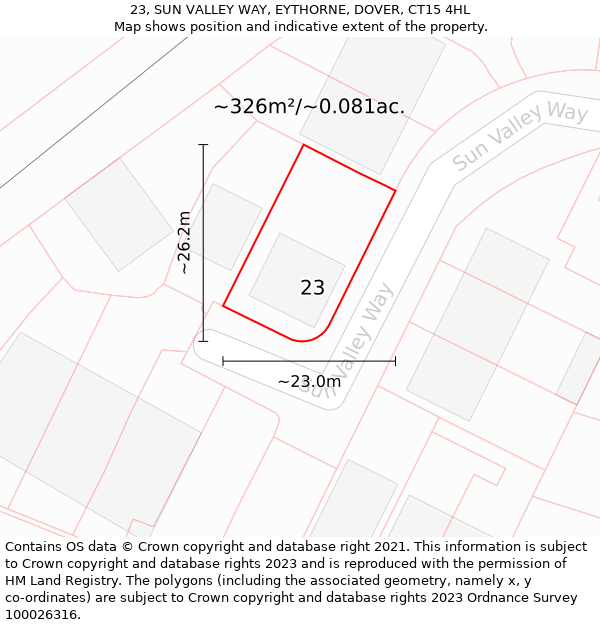 23, SUN VALLEY WAY, EYTHORNE, DOVER, CT15 4HL: Plot and title map