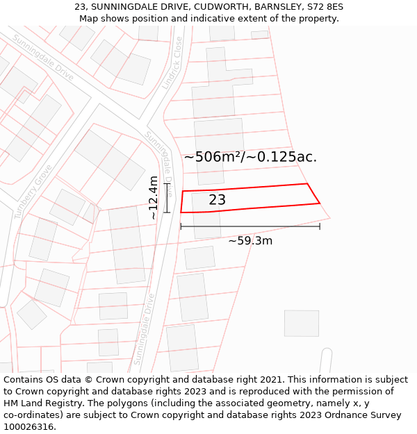 23, SUNNINGDALE DRIVE, CUDWORTH, BARNSLEY, S72 8ES: Plot and title map