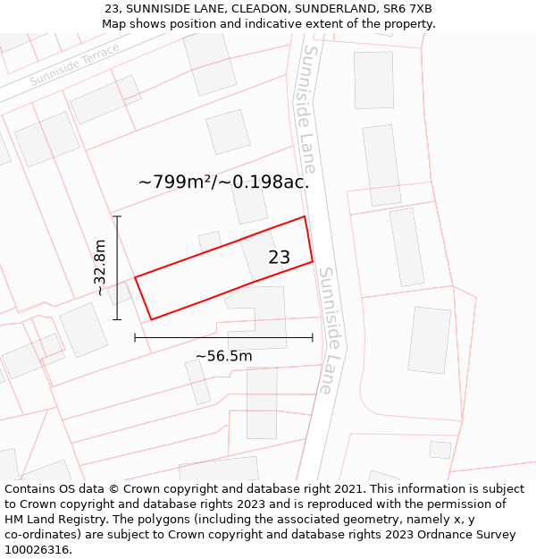 23, SUNNISIDE LANE, CLEADON, SUNDERLAND, SR6 7XB: Plot and title map