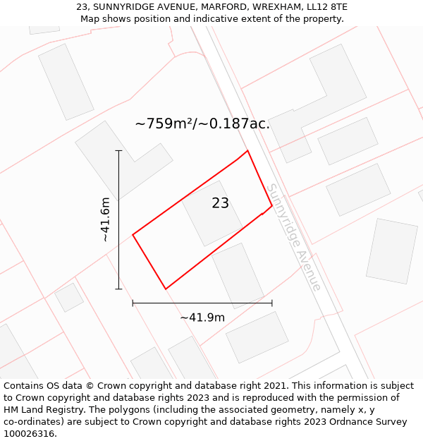 23, SUNNYRIDGE AVENUE, MARFORD, WREXHAM, LL12 8TE: Plot and title map