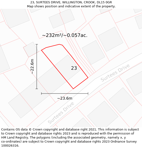 23, SURTEES DRIVE, WILLINGTON, CROOK, DL15 0GR: Plot and title map