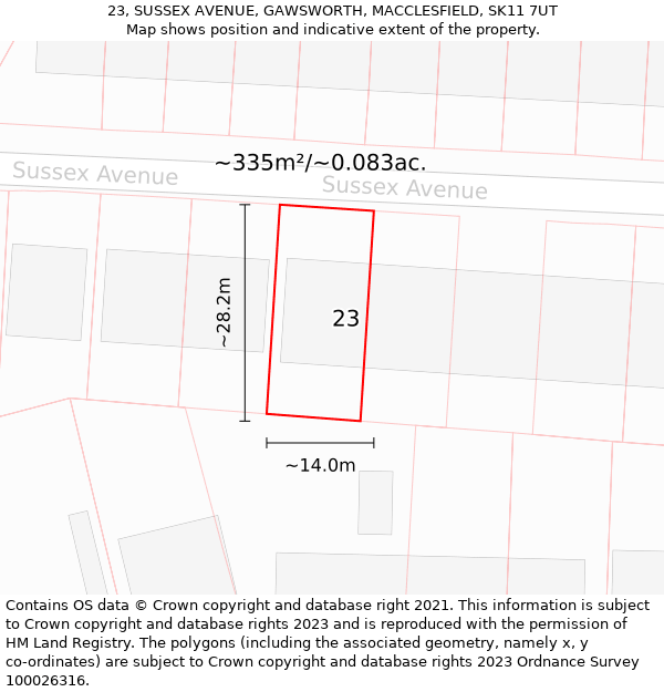 23, SUSSEX AVENUE, GAWSWORTH, MACCLESFIELD, SK11 7UT: Plot and title map