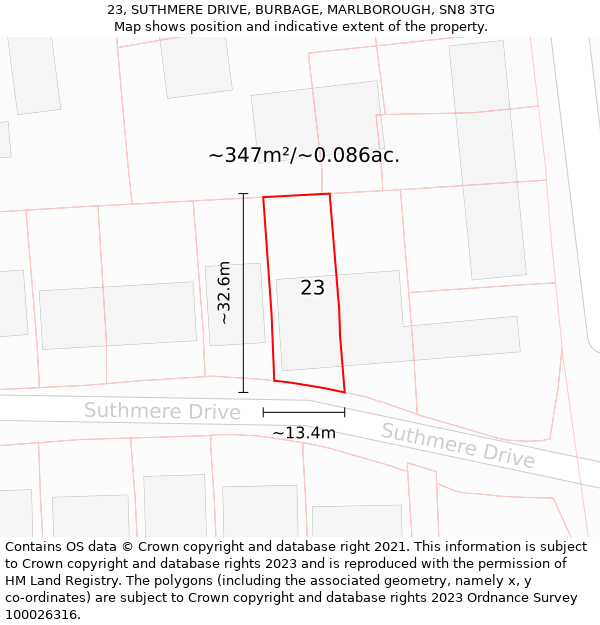 23, SUTHMERE DRIVE, BURBAGE, MARLBOROUGH, SN8 3TG: Plot and title map