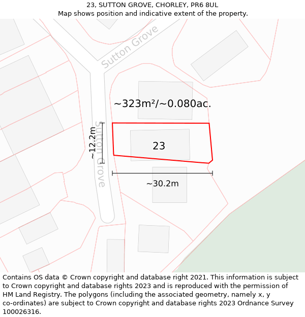 23, SUTTON GROVE, CHORLEY, PR6 8UL: Plot and title map