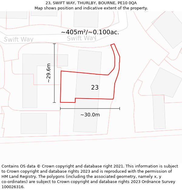 23, SWIFT WAY, THURLBY, BOURNE, PE10 0QA: Plot and title map