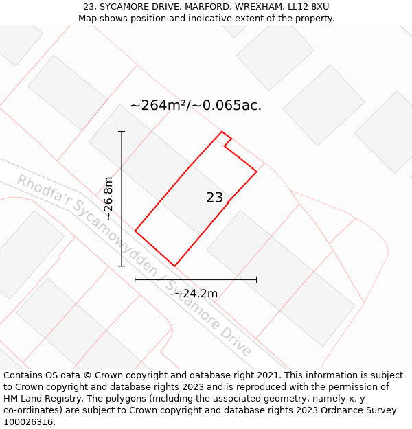 23, SYCAMORE DRIVE, MARFORD, WREXHAM, LL12 8XU: Plot and title map