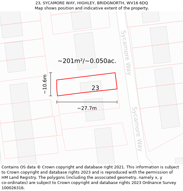 23, SYCAMORE WAY, HIGHLEY, BRIDGNORTH, WV16 6DQ: Plot and title map