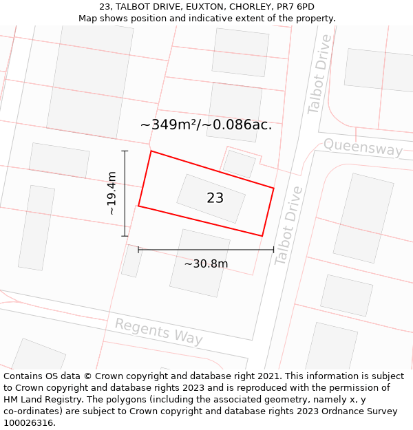 23, TALBOT DRIVE, EUXTON, CHORLEY, PR7 6PD: Plot and title map