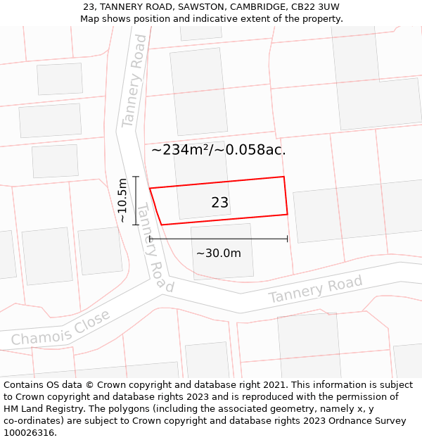 23, TANNERY ROAD, SAWSTON, CAMBRIDGE, CB22 3UW: Plot and title map