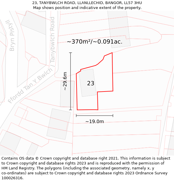 23, TANYBWLCH ROAD, LLANLLECHID, BANGOR, LL57 3HU: Plot and title map