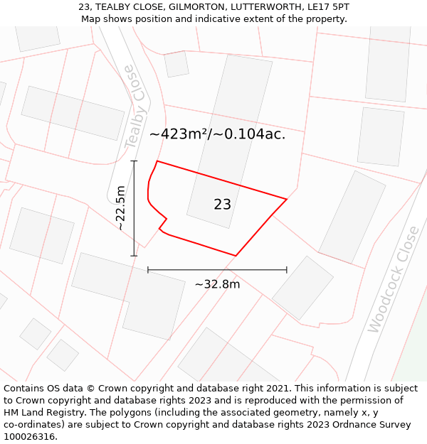 23, TEALBY CLOSE, GILMORTON, LUTTERWORTH, LE17 5PT: Plot and title map