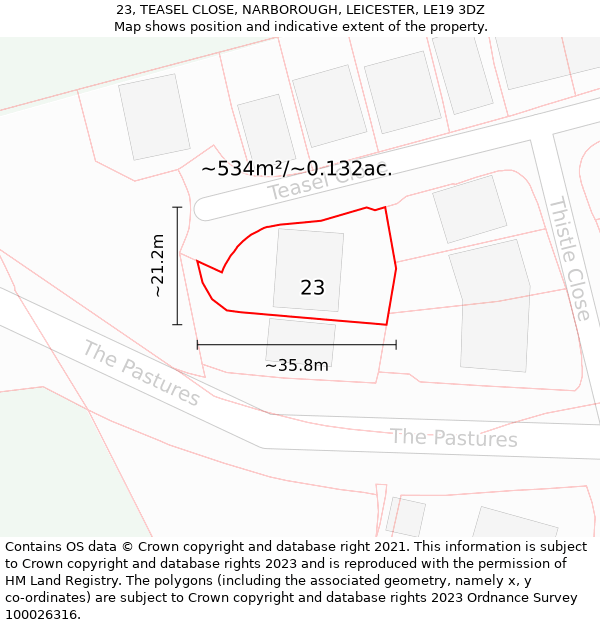 23, TEASEL CLOSE, NARBOROUGH, LEICESTER, LE19 3DZ: Plot and title map