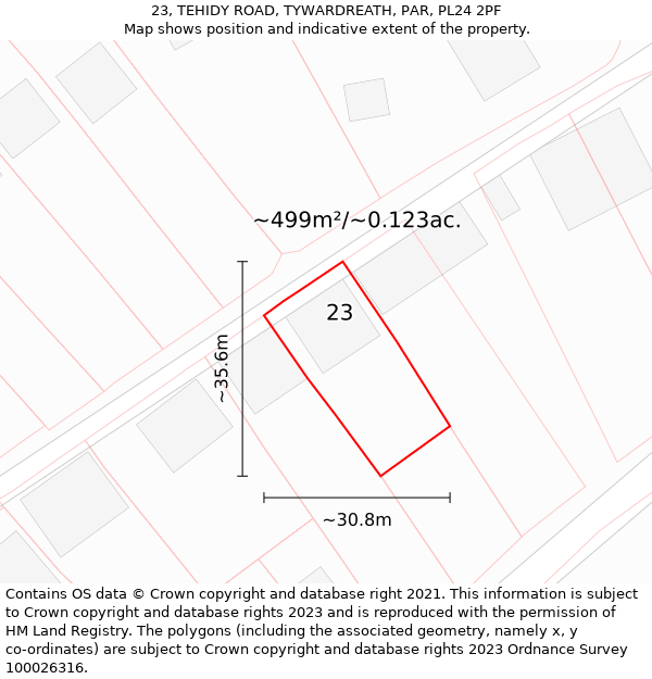 23, TEHIDY ROAD, TYWARDREATH, PAR, PL24 2PF: Plot and title map