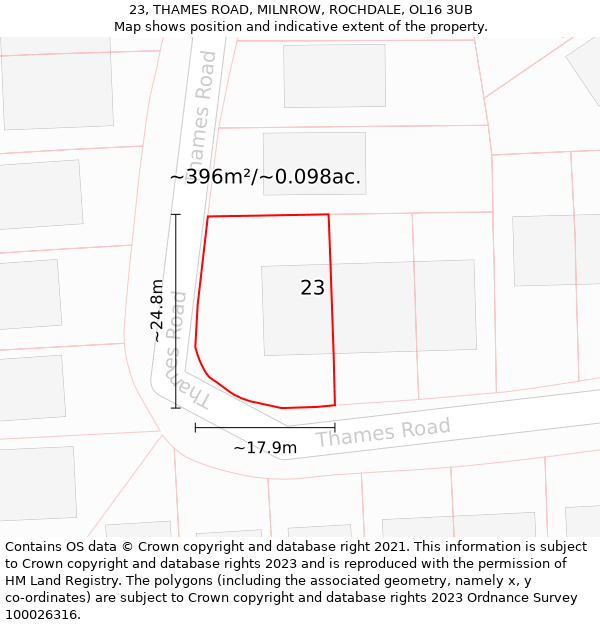 23, THAMES ROAD, MILNROW, ROCHDALE, OL16 3UB: Plot and title map