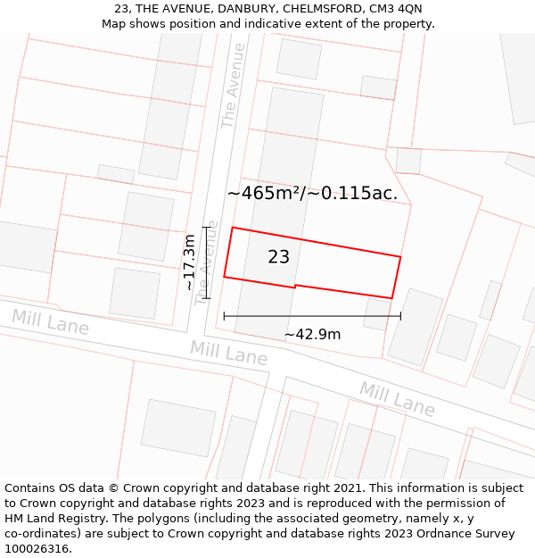 23, THE AVENUE, DANBURY, CHELMSFORD, CM3 4QN: Plot and title map