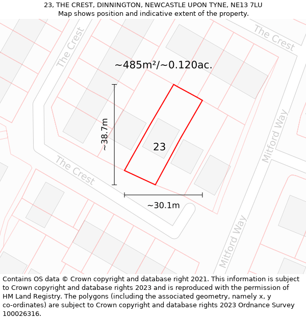 23, THE CREST, DINNINGTON, NEWCASTLE UPON TYNE, NE13 7LU: Plot and title map