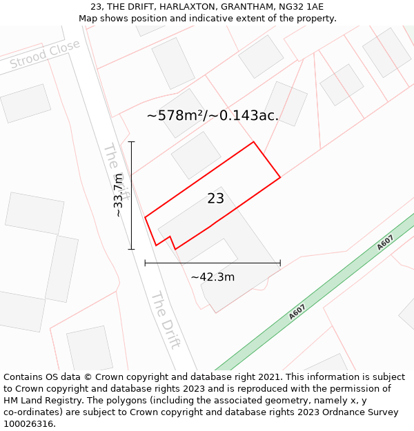 23, THE DRIFT, HARLAXTON, GRANTHAM, NG32 1AE: Plot and title map